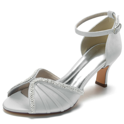 Grey Ankle Strap Peep Toe Rhinestones Embellishments Middle Heels Satin Sandals