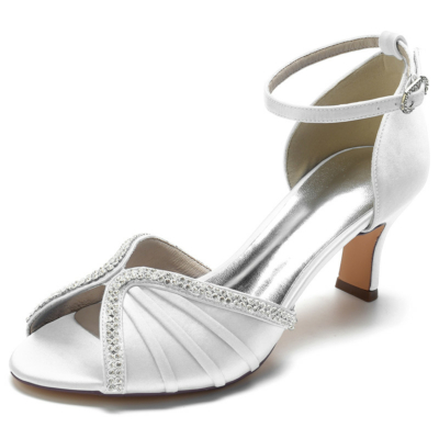 White Ankle Strap Peep Toe Rhinestones Embellishments Middle Heels Satin Sandals