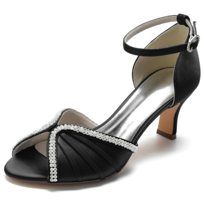 Black Ankle Strap Peep Toe Rhinestones Embellishments Middle Heels Satin Sandals