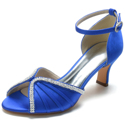Royal Blue Ankle Strap Peep Toe Rhinestones Embellishments Middle Heels Satin Sandals