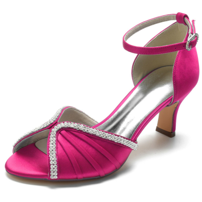 Magenta Ankle Strap Peep Toe Rhinestones Embellishments Middle Heels Satin Sandals