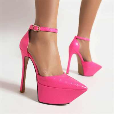 Fuchsia Ankle Strap Platform Stiletto Sandals Snake Printed D'orsay Evening Sandals Shoes