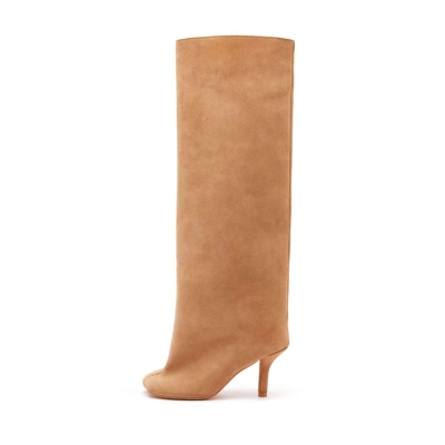 Women's Apricot Suede Square Toe Knee High Boots Wide Calf Stiletto Boots