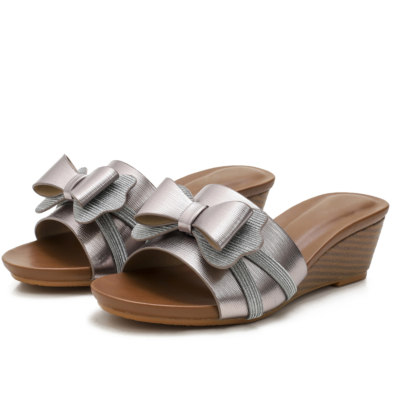 Grey Beach Metallic Bowknot Comfort Slide Wedge Sandals