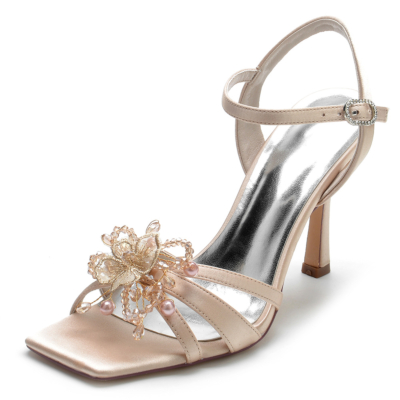 Champange Beads and Lace Flowers Open Toe Stiletto Ankle Strap Sandals for Party