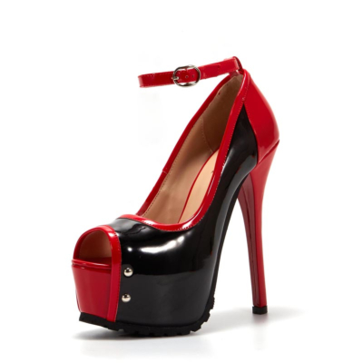 Black And Red Platform Peep Toe Sandals Ankle Strap Rivet Stiletto Heels