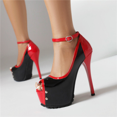 Black And Red Peep Toe Platform Pumps Rivet Ankle Strap Heels