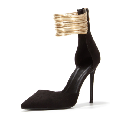 Black Ankle Strap Heels Stiletto D'orsay Dresses Pumps with Back Zipper