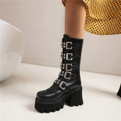 Black Buckle Stud Chunky Ankle Boots Long Boots Punk Platform Heels