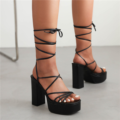 Black Chunky Strappy Platform Sandals Ankle Lace Up High Heels