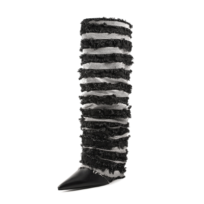 Black Denim Plisse Boots Wedge Heels Pointed Toe Knee High Boots