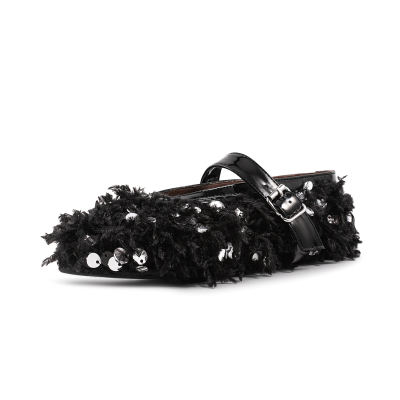 Black Faux Fur Sequin Flats Round Toe Ballet Flat With Buckle
