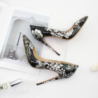 Black Floral Embossed Dresses Stilettos Pumps 4 inch Wedding High Heel Shoes