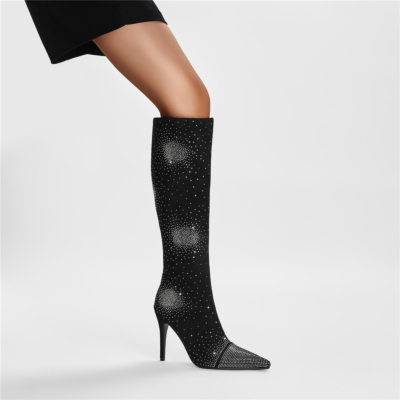 Black Jeweled Heels Boots Stiletto Heel Rhinestone Knee High Boots
