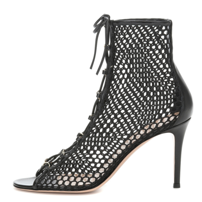 Black Lace Up Mesh Open Toe Party Boots Sandals High Heels