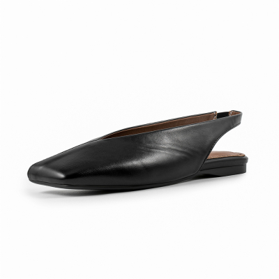 Black Leather V-cut Slingback Flats Comfy Square Toe Wide Flat Shoes