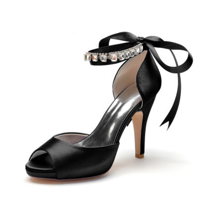 Black Peep Toe Bow Wedding Shoes Ankle Strap  Stiletto Heel Platform Sandals