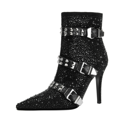 Black Rhinestone Pointed Toe Stiletto Rivets and Belt Ankle Booties