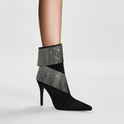 Black Rhinestone Tassel Stiletto Heel Ankle Boots Jeweled Dresses Boots