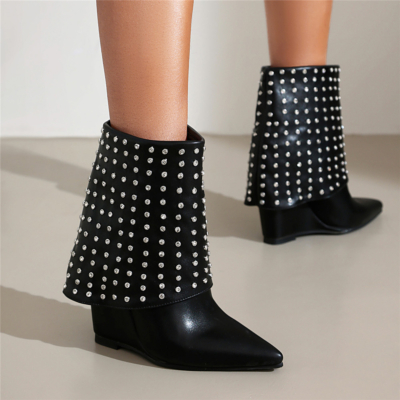 Black Rhinestones Fold Over Ankle Boots Wedges Heels Shoes