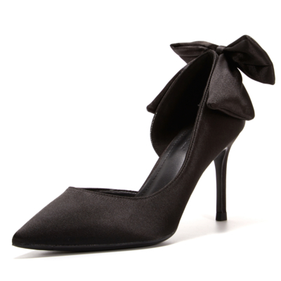 Black Satin Bow Back Pumps D'orsay Stiletto Heels Bridal Shoes For Wedding