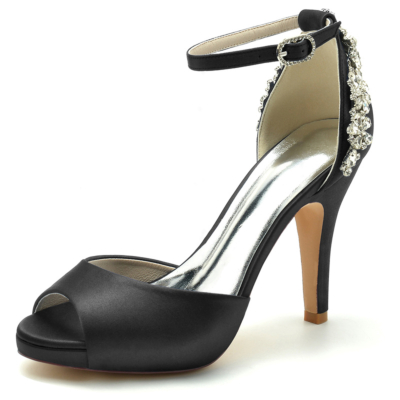 Black Satin Peep Toe Wedding Shoes Ankle Strap  Stiletto Heel Platform Sandals