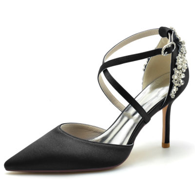 Black Satin Pointed Toe Cross Strap Pumps Stiletto Heel Wedding Shoes