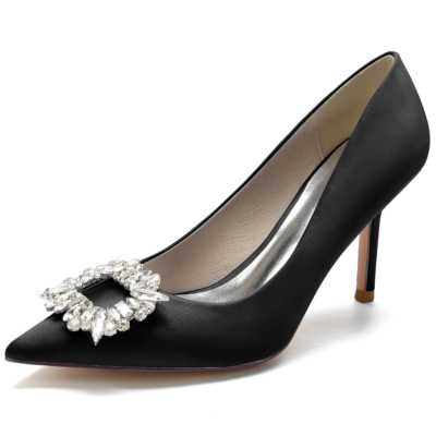 Black Satin Wedding Shoes Pointed Toe Stiletto Heel Pumps