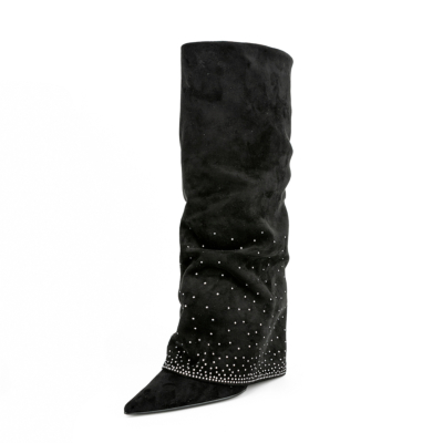 Black Sequin Foldover Boots Wedges Pointed Toe Knee High Boots