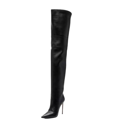 Black Stiletto Thigh High Boots Pointed Toe Over the Knee Boots