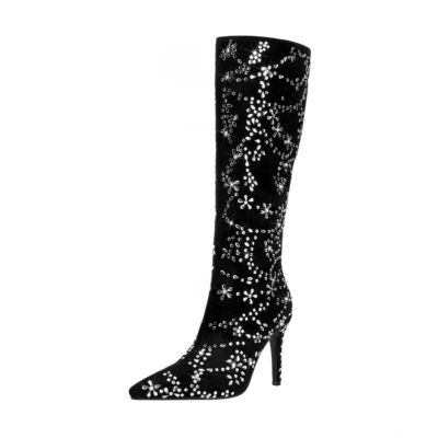 Black Suede Rhinestone Pointed Toe Stiletto Knee High Boots