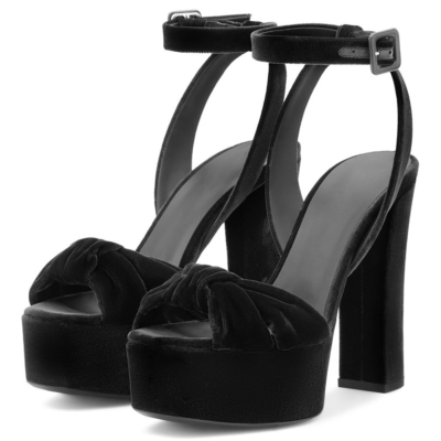 Black Velvet Knotted High Block Heels Platform Sandals Ankle Strap Wedding Shoes