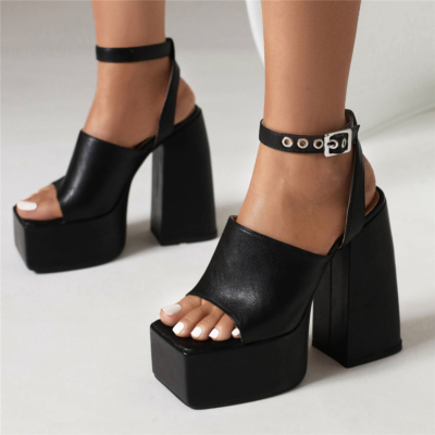 Black Block Heel Ankle Strap Mules Sandals Slip On Sandals Shoes