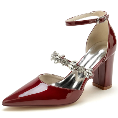 Burgundy Block Heel Ankle Strap Wedding D'orsay Pumps with Jeweled Strap
