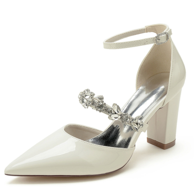Beige Block Heel Ankle Strap Wedding D'orsay Pumps with Jeweled Strap
