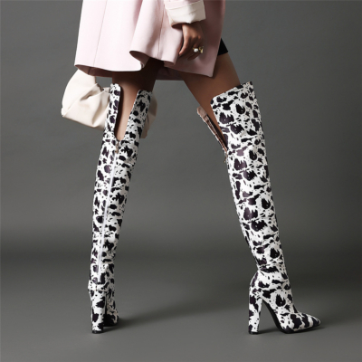 Block Heel Cow Printed High Boots Pointed Toe Thigh High Boots Shoes