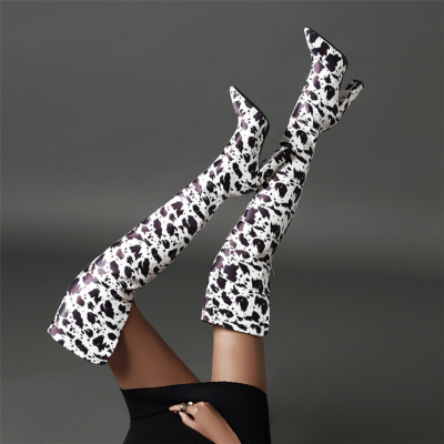 Black&White Block Heel Cow Printed High Boots Pointed Toe Thigh High Boots Shoes