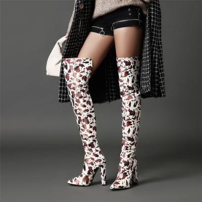 Brown&White Block Heel Cow Printed High Boots Pointed Toe Thigh High Boots Shoes