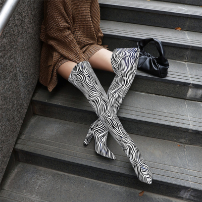 Block Heel Zebra Printed High Boots Pointed Toe Thigh High Boots Shoes