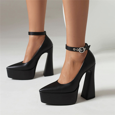 Black Block Heel Platform Pumps Ankle Strap High Heeled Dresses Shoes