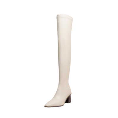 White Block Heel Thigh High Boots PU Square Toe Over The Knee Boots