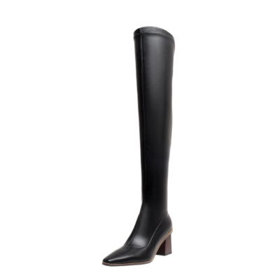 Black Block Heel Thigh High Boots PU Square Toe Over The Knee Boots