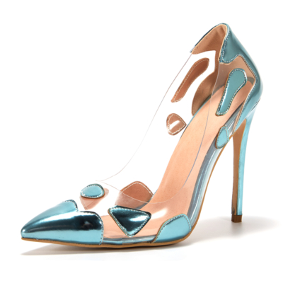 Blue Clear Metallic Pumps Transparent Slip On Stiletto Dress Shoes