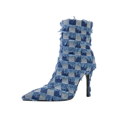 Blue Denim Check Pointed Toe Stilettos Ankle Booties