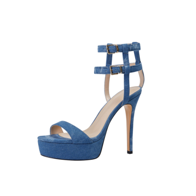 Blue Denim Platform Stiletto Heel Ankle Strap Sandals