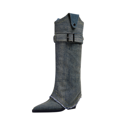 Blue Denim Pointed Toe Block Heel Cowboy Boots Flod-over Knee High Boots