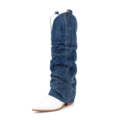 Blue Denim Slouch Boots Foldover Cowboy Knee High Boots with Chunky Heel