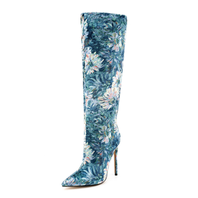 Blue Flower Printed Suede Fabric Pull-On Knee High Boots with Stiletto Heels 