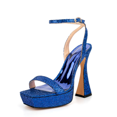 Blue Glitter Spool Heel Platform Sandals Square Toe Ankle Strap High Heels