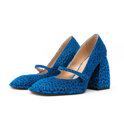 Blue Leopard Print Chunky Heel Mary Jane Pumps Square Toe Faux Fur Dress Shoes